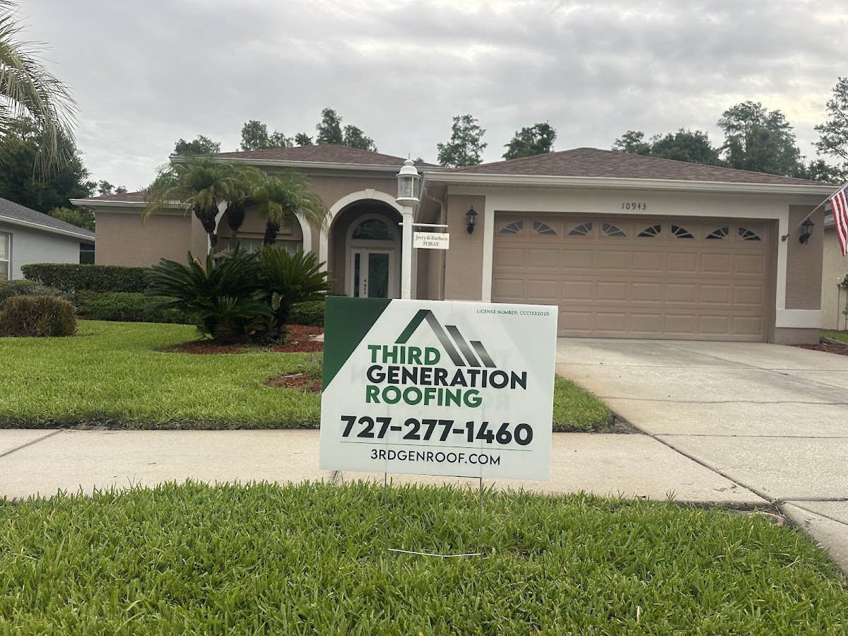 Third Generation Roofing yard sign with its office phone number